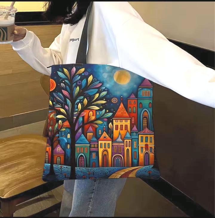 DIY Embroidery Bag Kit to Cross Stitch a Canvas Tote, Moonlit House, 11CT, Printed Canvas, Craft Fashion, Live Design