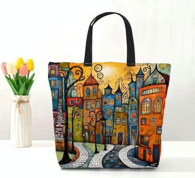 DIY Embroidery Bag Kit to Cross Stitch a Canvas Tote, Colorful Houses in Bright Sunlight, 11CT, Printed Canvas, Craft Fashion, Live Design