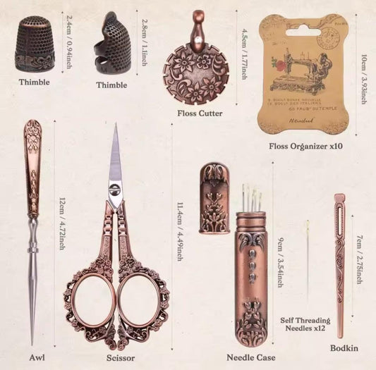 Kit de couture vintage dans une boîte en bois, coffret cadeau d'outils de broderie en bronze, étui gravé, ciseaux victoriens, portable, aspect haut de gamme, ensemble complet