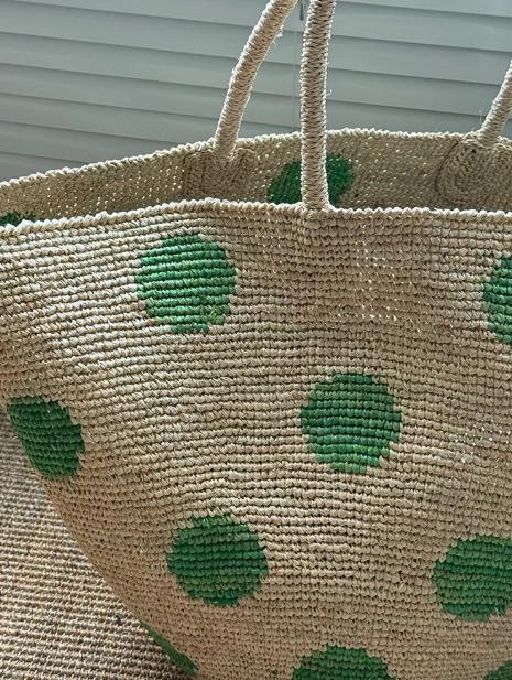 Sac cabas en paille raphia tressé à la main NATUREL, à pois, 40x40 cm