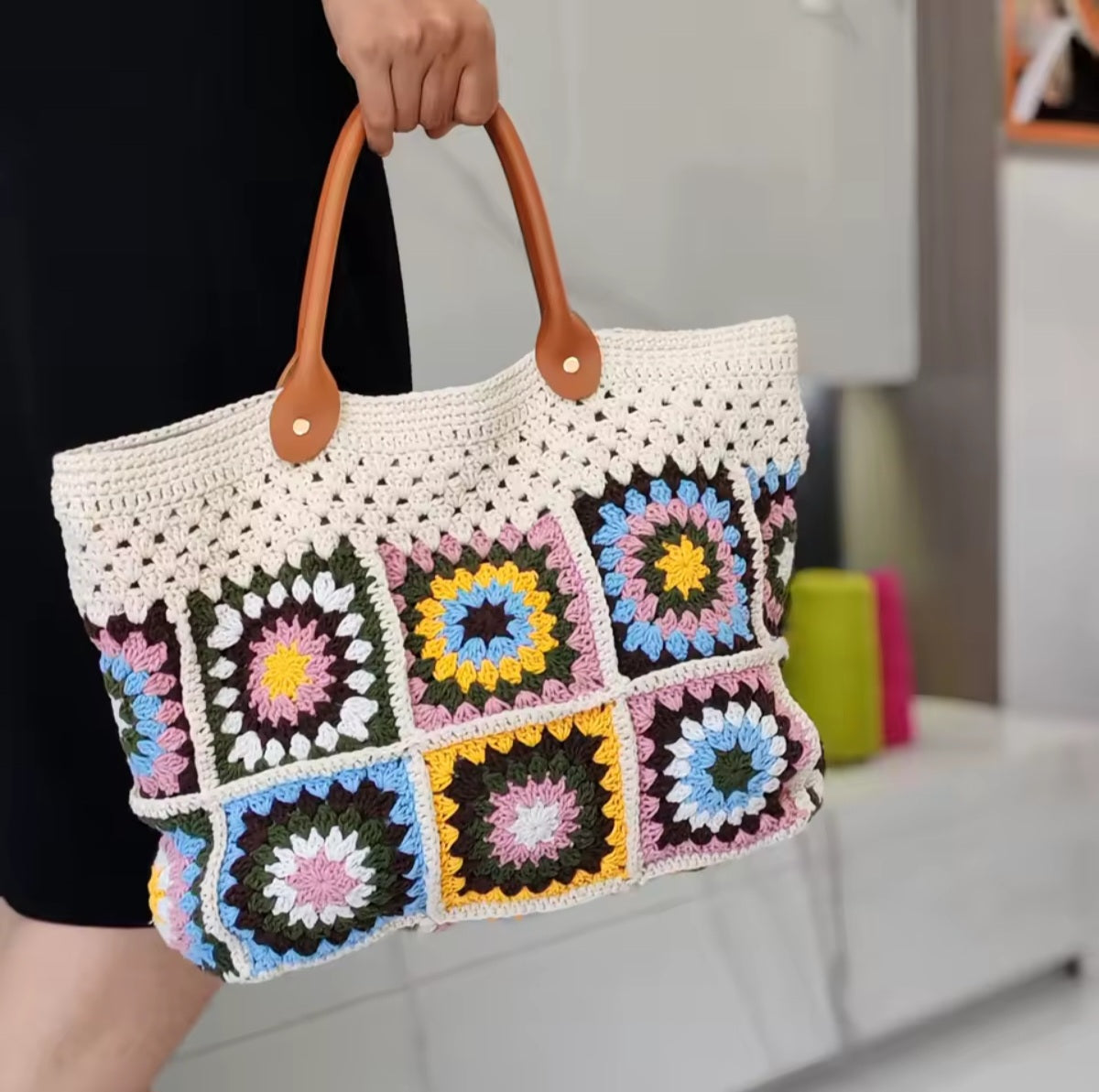 Boho Crochet Tote Bag, Granny Square, Large, Vintage Fashion, Ready to Wear