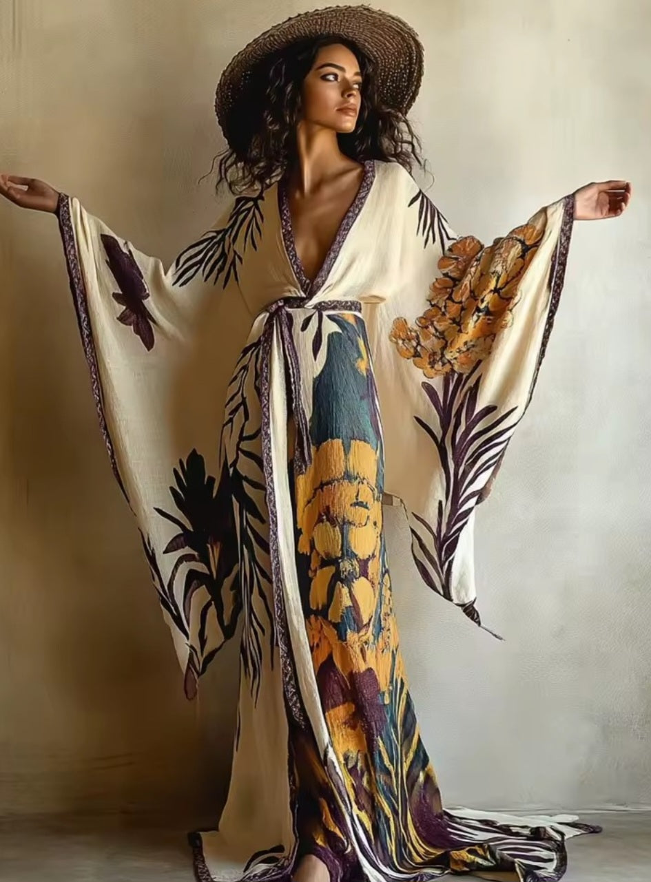 Dressing Gown, Watercolor Botanical, Lightweight Crinkle Loungewear, Cover Up