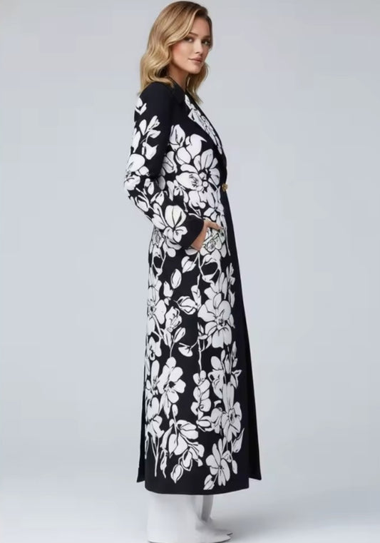 Manteau habillé, noir et blanc, floral, long, structuré, pour 3 saisons