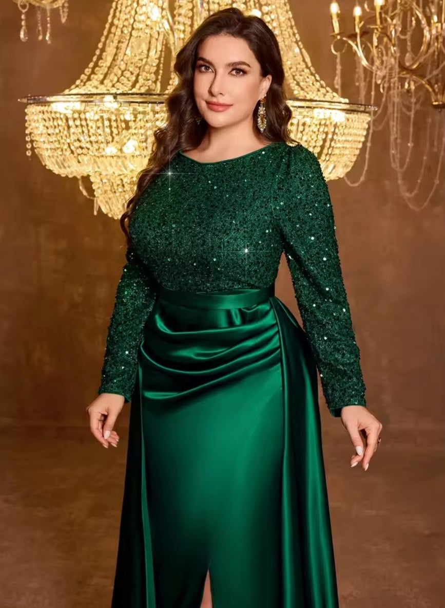 Sequin Satin Pleats, Green, Plus Sizes, Formal Date, Gala Dress