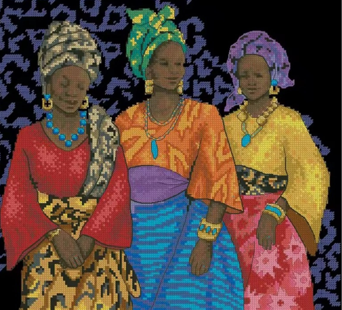 Yoruba Women Assemble in Africa, Printed Cross Stitch Kit, 11/14/16/18 Counts