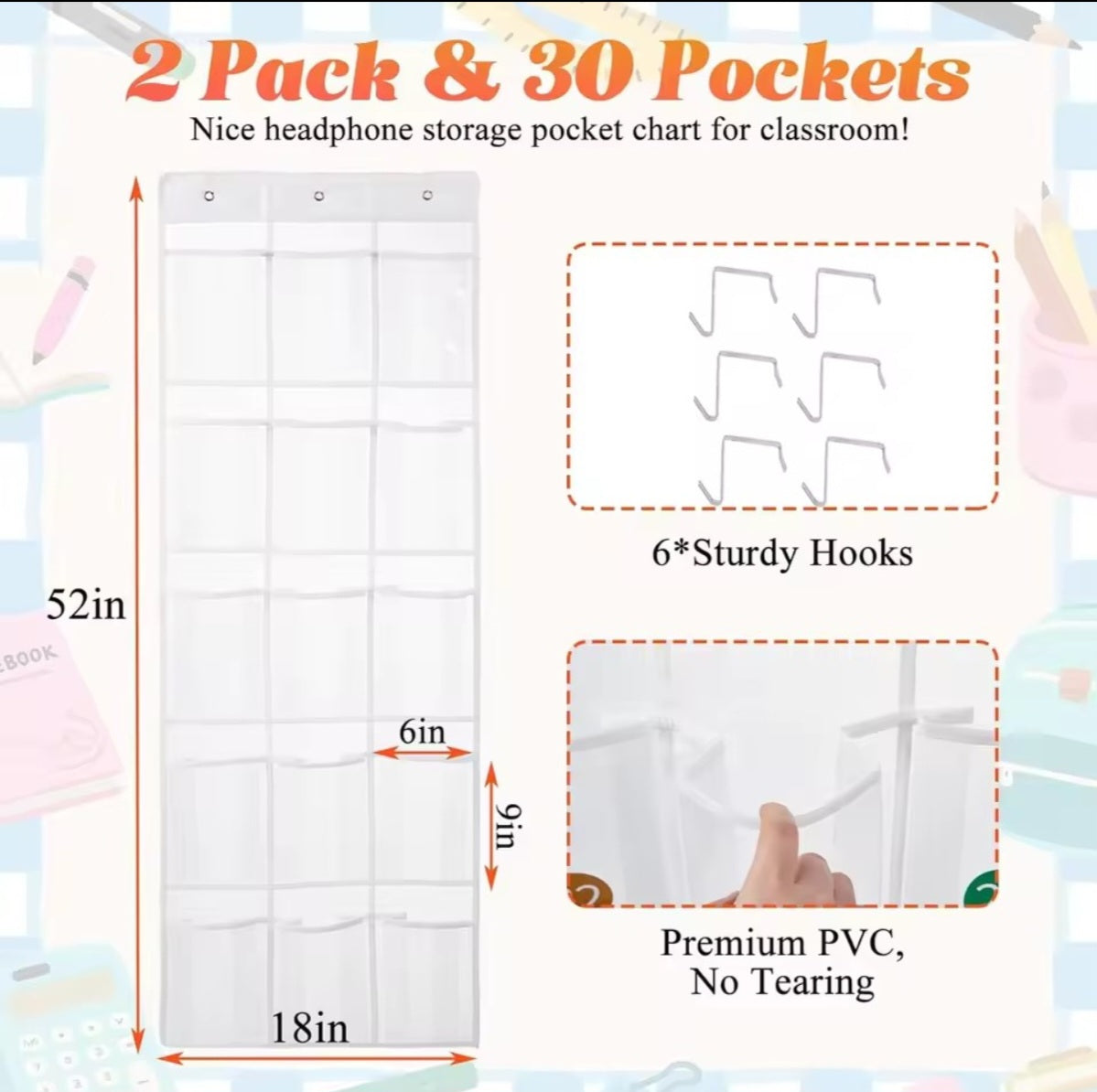 Door Hanging Organizer, Caddy, Set of 30 Pockets, Store Your Art School Office Supplies