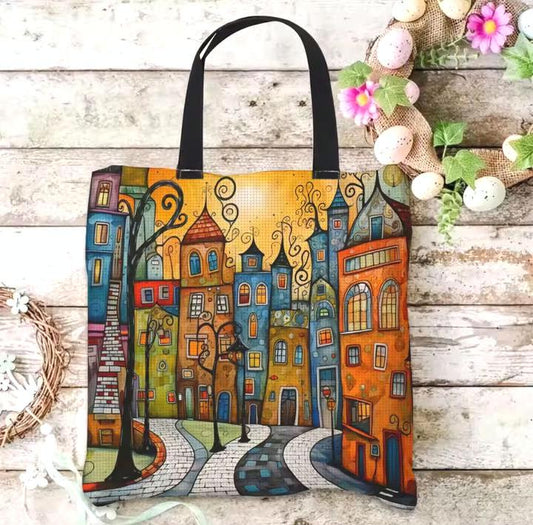 DIY Embroidery Bag Kit to Cross Stitch a Canvas Tote, Colorful Houses in Bright Sunlight, 11CT, Printed Canvas, Craft Fashion, Live Design