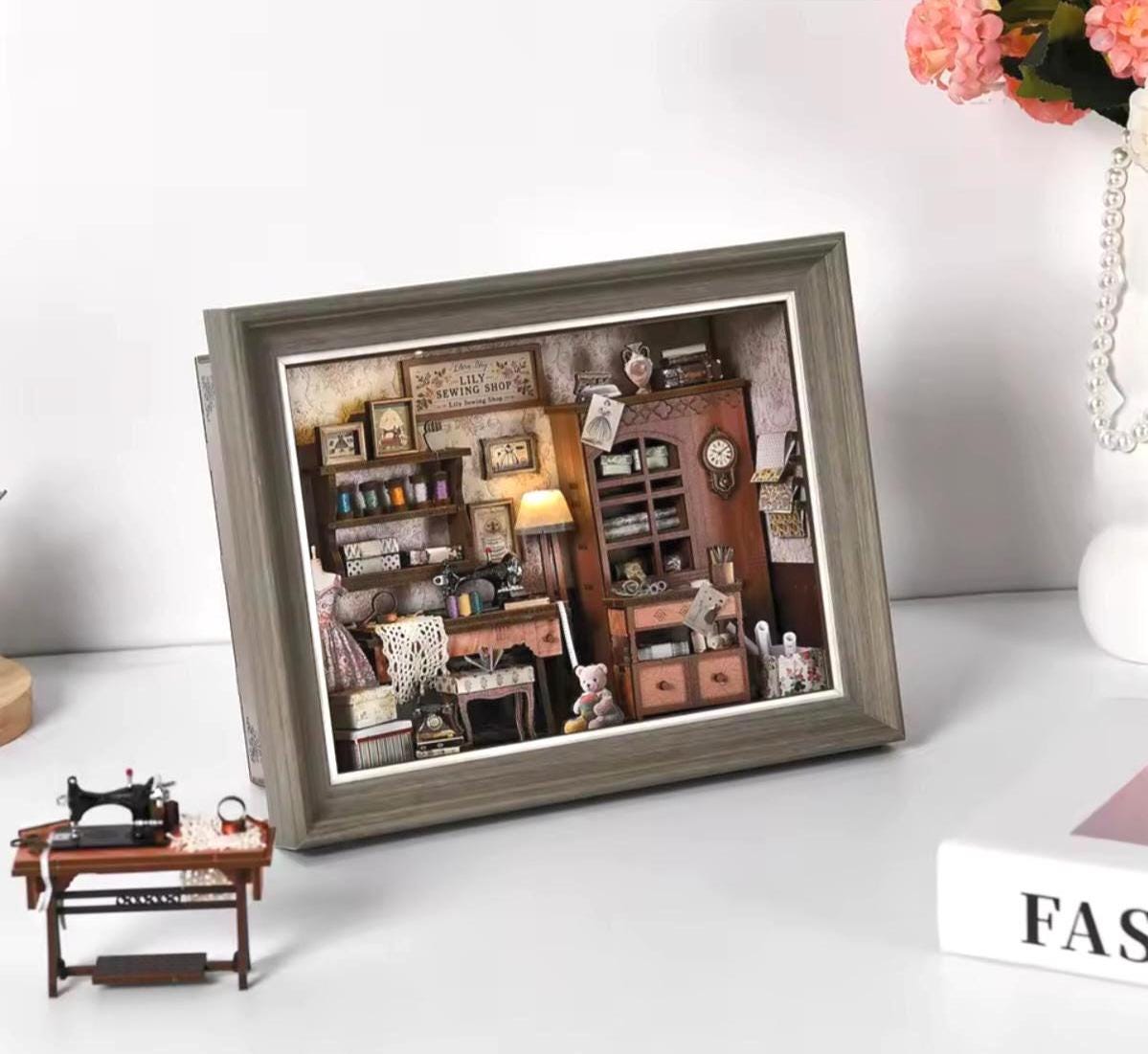 3D Mini Replica Sew Shop, DIY Kit, Book Nook or Wall Art, USB Lights, Wooden Diaorama Tailor Shop, Adult or Teen, Gift Love of Fabric Arts
