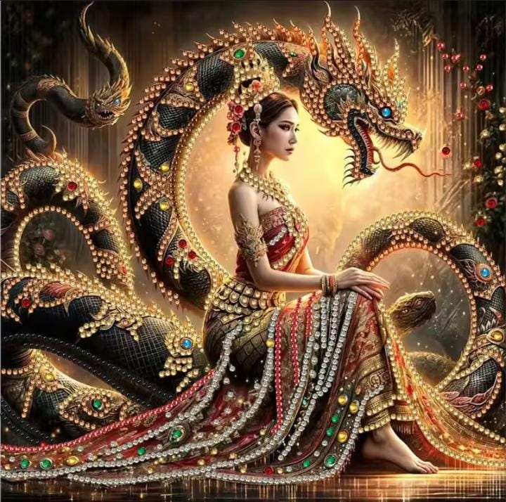 Diamond Paint Kit, Beauty and the Dragon, Asia Inspired Craft, DIY Crystal Mosaic, Round Drill, 30x25 cm, Easy Beginners, Dynamic