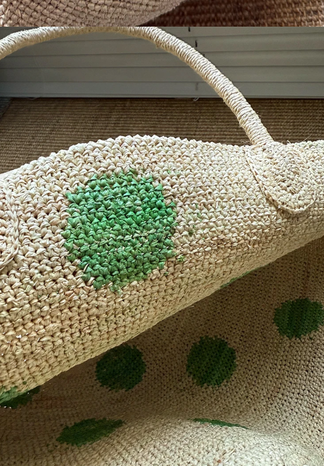NATURAL Handwoven Raffia Straw Tote Handbag, Polka Dots, 40x40 cm