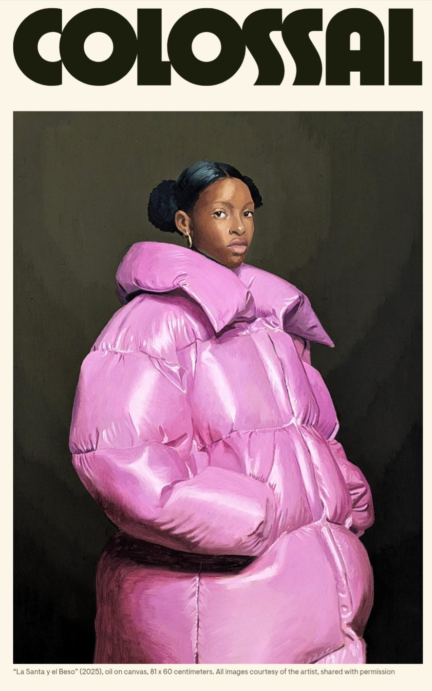 Women Wear Puffer Coats in Bold Baroque-Modern Paintings