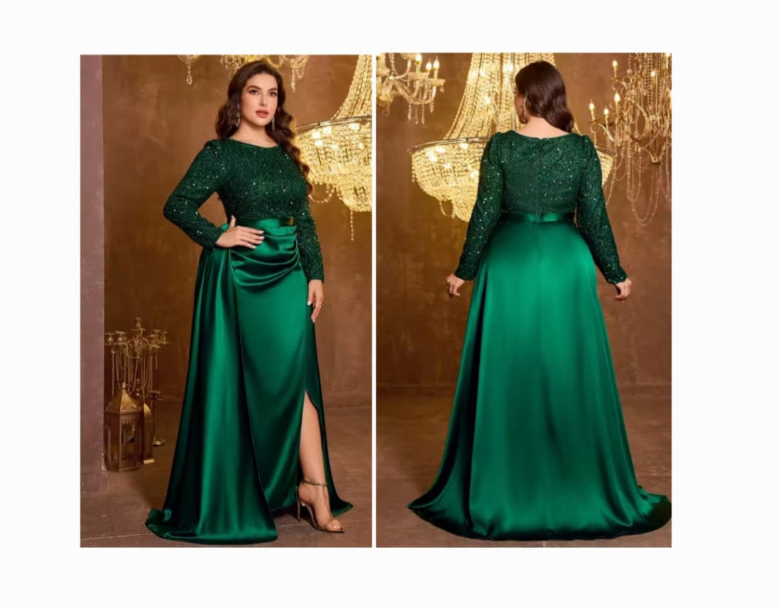 NEW ITEM: Sequin Satin Pleats, Green, Plus Sizes, Gala Dress