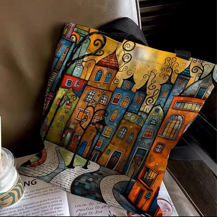 DIY Embroidery Bag Kit to Cross Stitch a Canvas Tote, Colorful Houses in Bright Sunlight, 11CT, Printed Canvas, Craft Fashion, Live Design