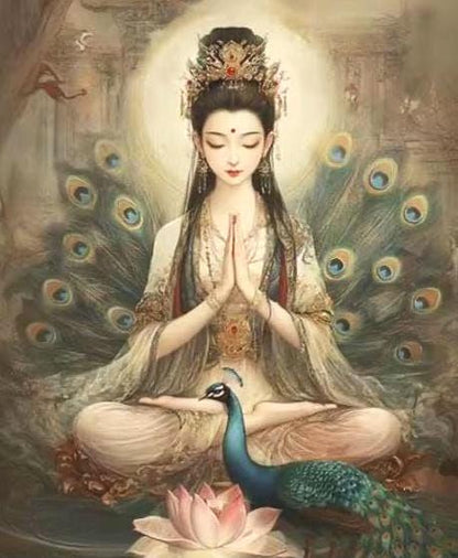 DIY Embroidery Kit, Buddha & Peacock Printed Cross Stitch, 9 or 11 CT, Silk Thread Technique, Beginner Needlepoint
