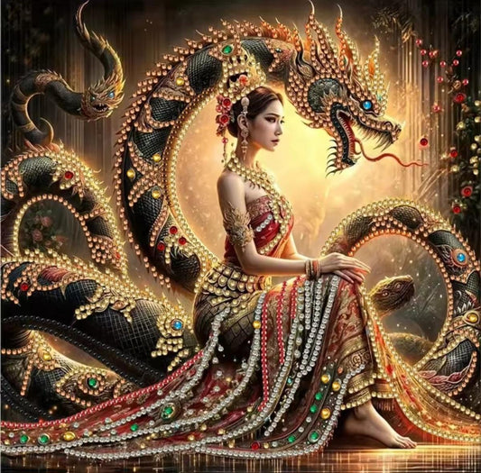 Diamond Paint Kit, Beauty and the Dragon, Asia Inspired Craft, DIY Crystal Mosaic, Round Drill, 30x25 cm, Easy Beginners, Dynamic
