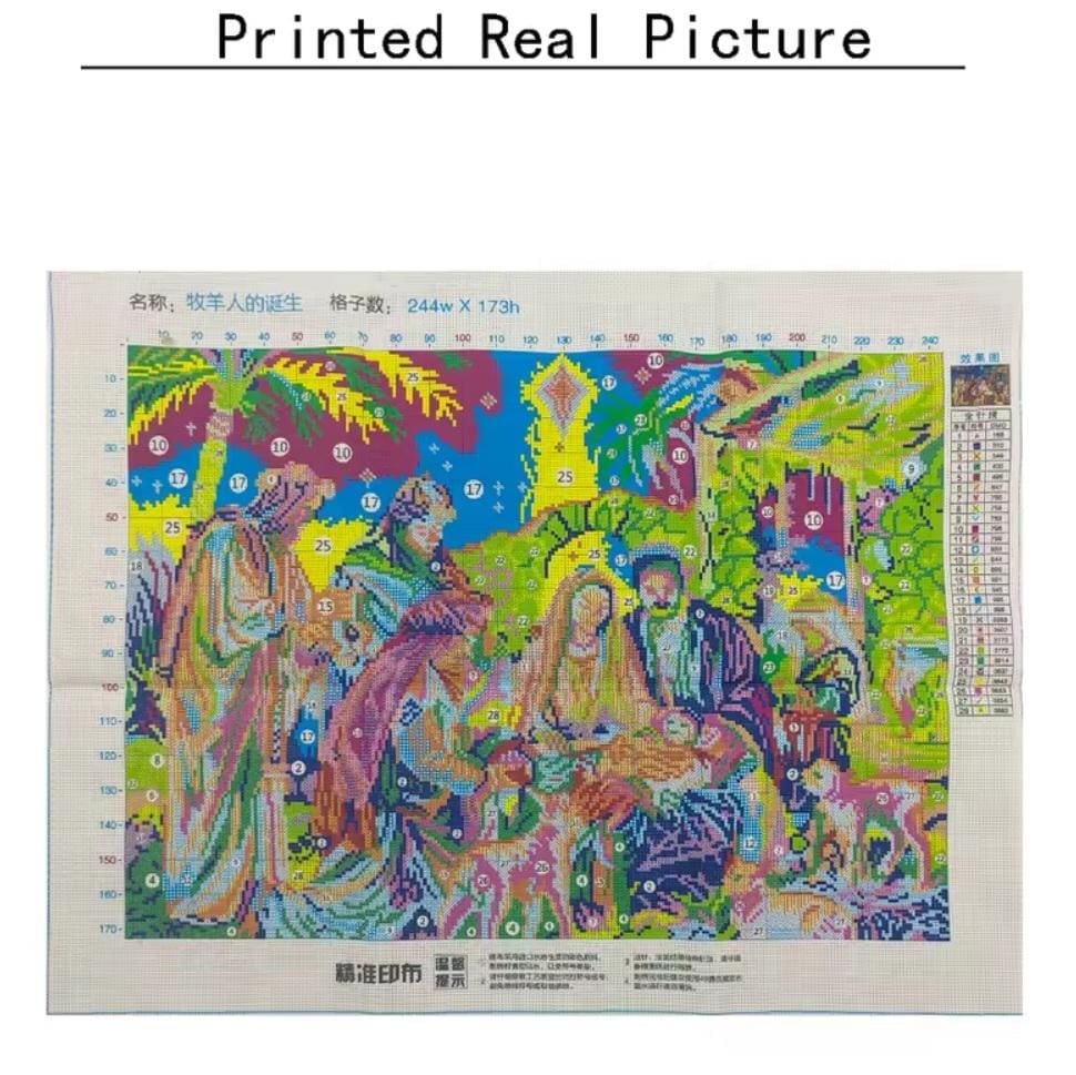 Printed Cross Stitch Kit, Birth of Shepard Jesus, DIY Embroidery Aida 9 or 11CT, DMC Printed Cotton, Craft Religious Art, Gift Joy Spirit