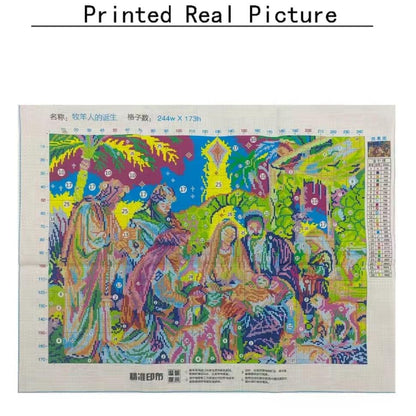 Printed Cross Stitch Kit, Birth of Shepard Jesus, DIY Embroidery Aida 9 or 11CT, DMC Printed Cotton, Craft Religious Art, Gift Joy Spirit