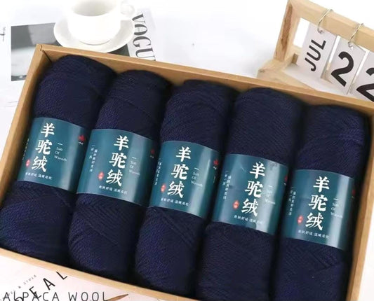 5 Sets Cashmere Alpaca Wool Yarn in Box, Deep Blue, Crochet, Medium Thick, High Grade Handwoven, 500 grams Bundle, DIY Stocking Stuffer