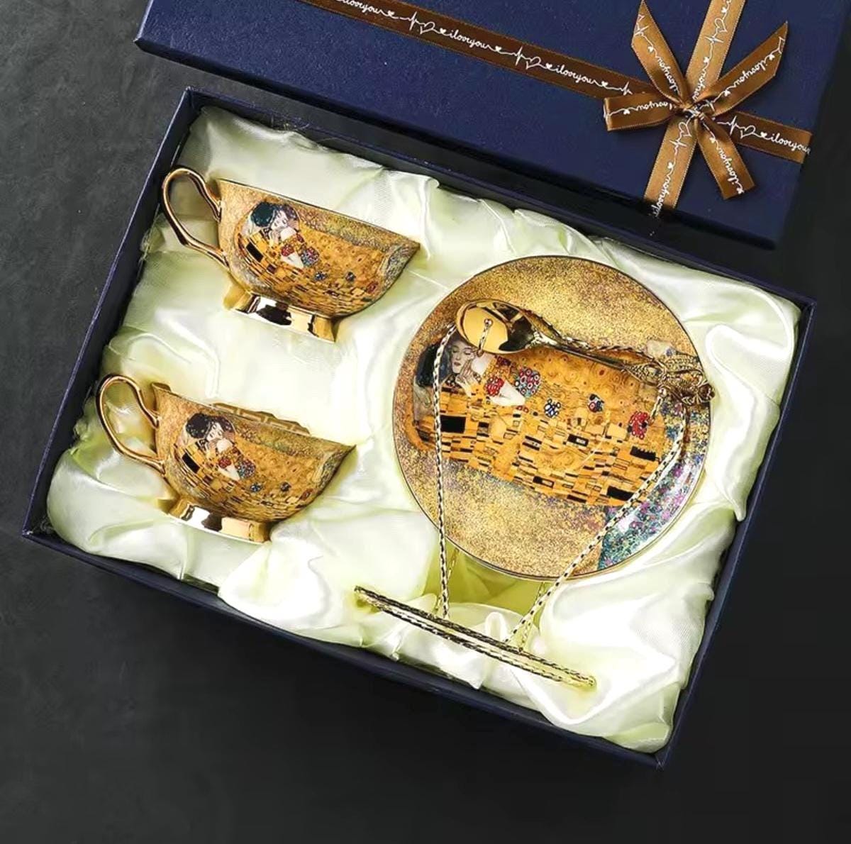 Juego de té de porcelana fina, la obra maestra El beso de Klimt, té y arte, artículos de fiesta de porcelana fina, taza, platillo, cuchara, caja de regalo, vajilla dorada