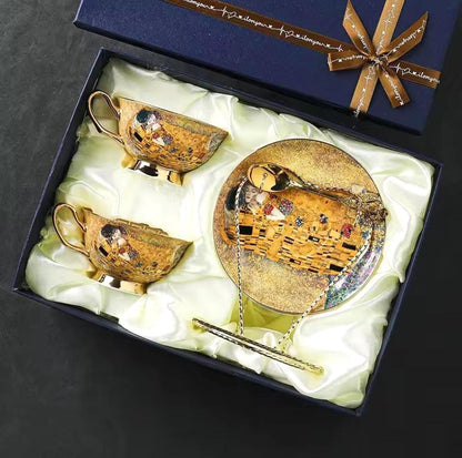 Juego de té de porcelana fina, la obra maestra El beso de Klimt, té y arte, artículos de fiesta de porcelana fina, taza, platillo, cuchara, caja de regalo, vajilla dorada