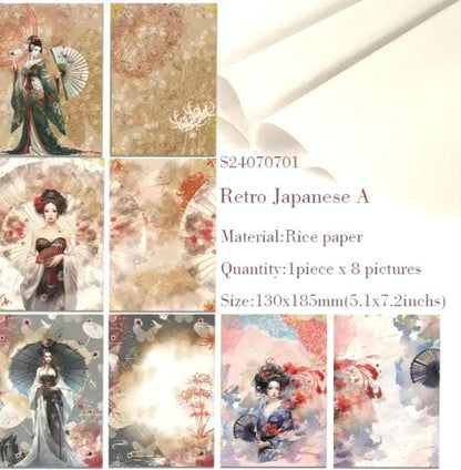 Classical Japanese High Society Rice Paper, Scrapbook, Junk Journal, Decoupage, DIY Cards or Planner Decor, Gift Wrap, 8 pieces
