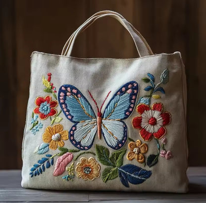 Kit de broderie DIY pour point de croix sur sac cabas, Jardin de papillons, LIN, Artisanat Nature, Cadeau enchanté