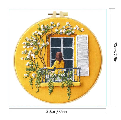 Embroidery DIY, Starter Kit, Yellow Glory, Printed Cross Stitch Beginners, Cotton Thread, Bamboo Hoop, DIY Decor or Gift