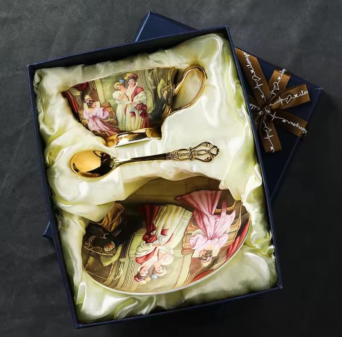 Juego de té de porcelana fina, pintura al óleo, té y arte, vajilla fina para fiesta, taza, platillo y cuchara, bonita caja de regalo, lujosa mesa puesta