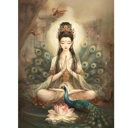 DIY Embroidery Kit, Buddha & Peacock Printed Cross Stitch, 9 or 11 CT, Silk Thread Technique, Beginner Needlepoint