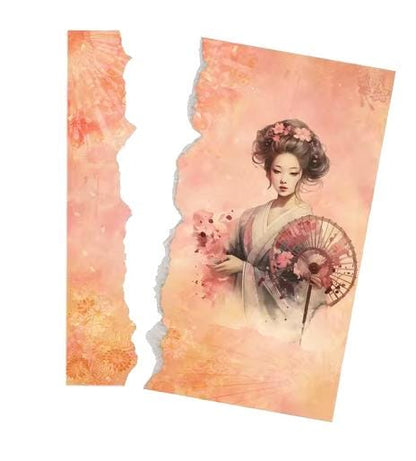 Japanese Rice Paper, Ladies of the Village, 8 pieces, Decorative Gift Wrap, Decoupage, Scrapbook Ephemera, Rose Tones