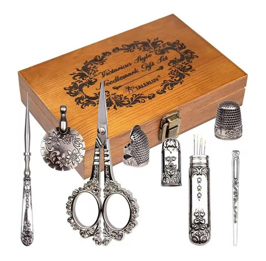 Vintage Sewing Kit in Wood Box, Silver Embroidery Tools Gift Set, Inscribed Case, Victorian Scissors, Portable, Premium Look, Complete Set