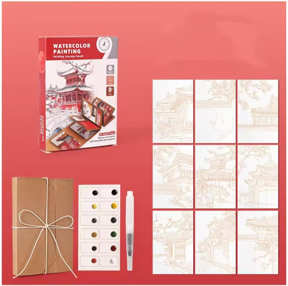 Watercolor Travel Kit, Solid Paints, Expandable Craft Paper Folder, Pen, Printed Art Renderings, Gift, When Cannot Leave the Art Home