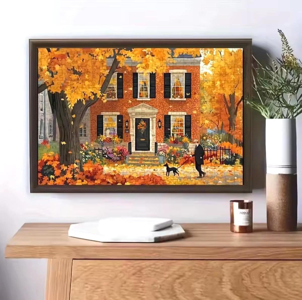 1000 Pieces Jigsaw Puzzle, Autumn Stroll in Falling Leaves, 38x26 cm, Code on Back, Seasonal, Halloween Party Fun, Preserve as Wall Decor