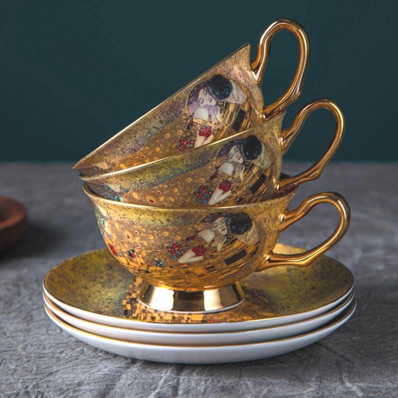 Juego de té de porcelana fina, la obra maestra El beso de Klimt, té y arte, artículos de fiesta de porcelana fina, taza, platillo, cuchara, caja de regalo, vajilla dorada