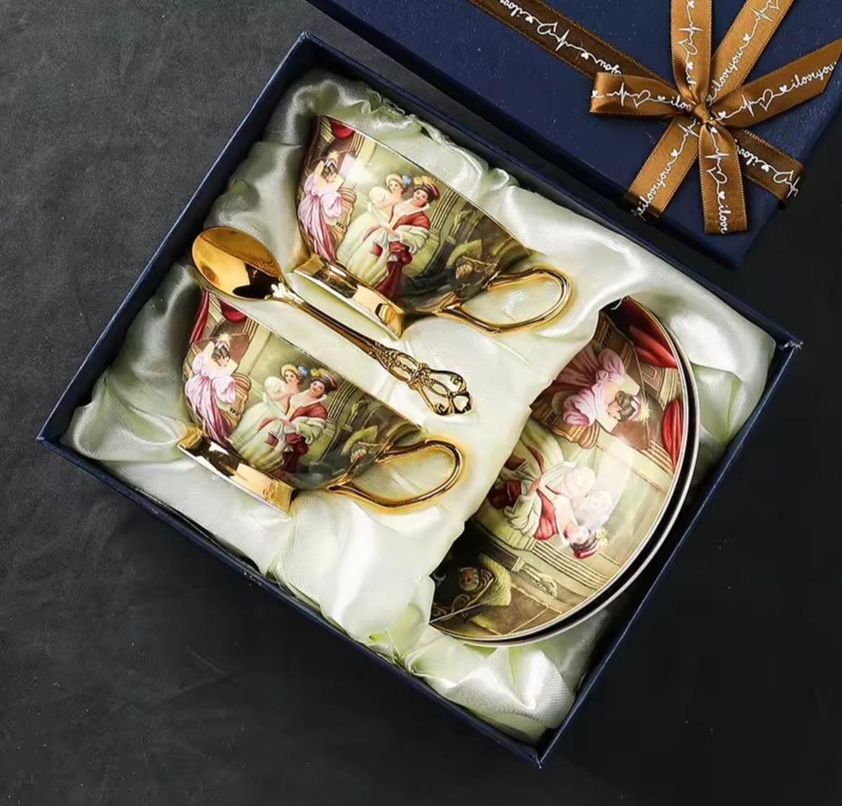 Juego de té de porcelana fina, pintura al óleo, té y arte, vajilla fina para fiesta, taza, platillo y cuchara, bonita caja de regalo, lujosa mesa puesta