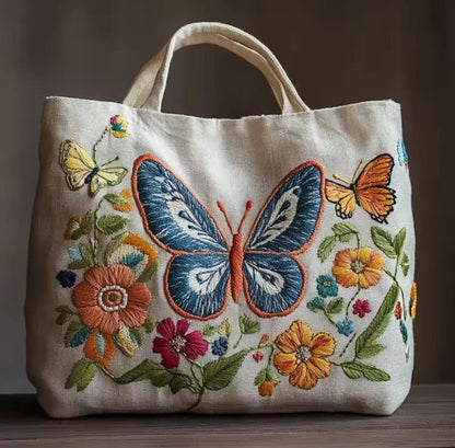 DIY Embroidery Bag Kit to Cross Stitch a Canvas Tote, Butterfly Garden, LINEN, 28x30, Hoop, 4 Design Choices, Craft Nature, Gift Delight