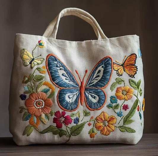 Kit de broderie DIY pour point de croix sur sac cabas, Jardin de papillons, LIN, Artisanat Nature, Cadeau enchanté