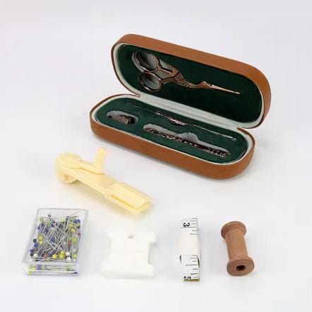 Mini Sewing Kit in Eyeglass Case, Full Travel Set, Bronze or Silver, Portable Quality Sew Embroidery Tools, Scissor Thimble, Elegant Cute