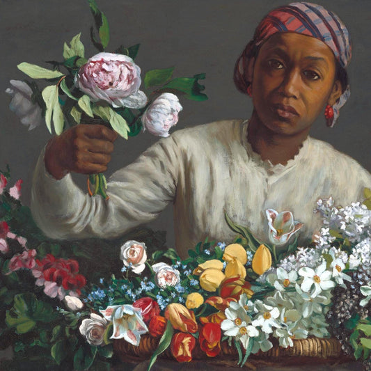 DIY Paint by Number Kit, Young Woman with Peonies by Frederic Bazille, Linen Canvas, Optional Frame, Black Women Craft, Masterpiece Kwanzaa
