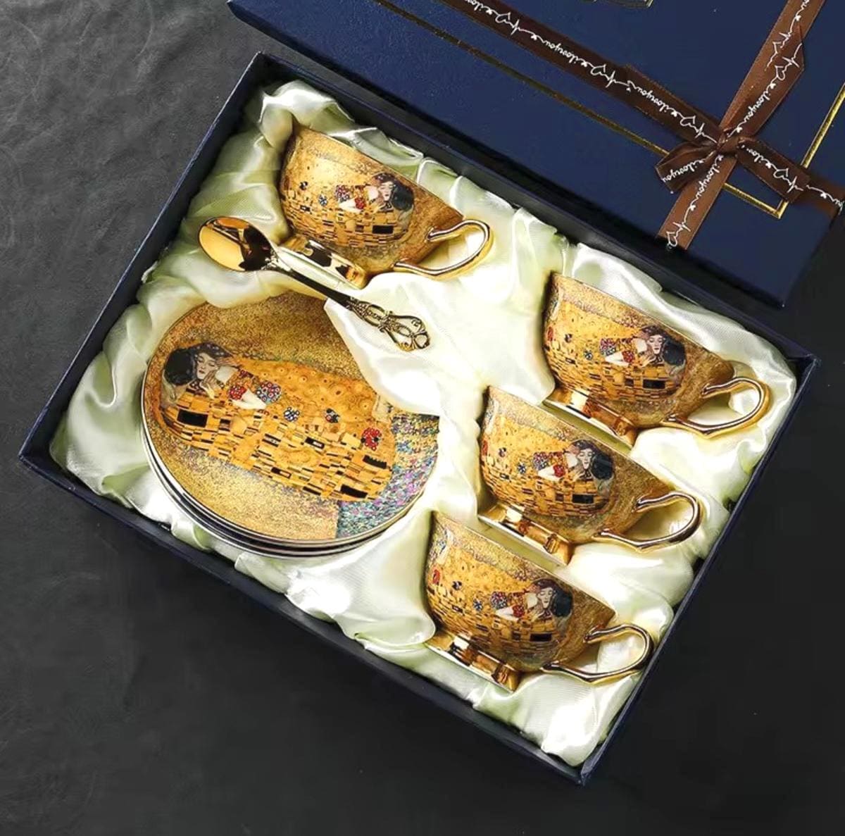 Juego de té de porcelana fina, la obra maestra El beso de Klimt, té y arte, artículos de fiesta de porcelana fina, taza, platillo, cuchara, caja de regalo, vajilla dorada