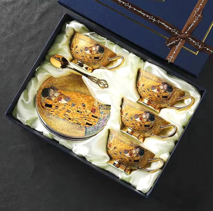 Juego de té de porcelana fina, la obra maestra El beso de Klimt, té y arte, artículos de fiesta de porcelana fina, taza, platillo, cuchara, caja de regalo, vajilla dorada
