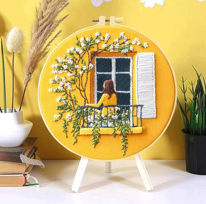 Embroidery DIY, Starter Kit, Yellow Glory, Printed Cross Stitch Beginners, Cotton Thread, Bamboo Hoop, DIY Decor or Gift
