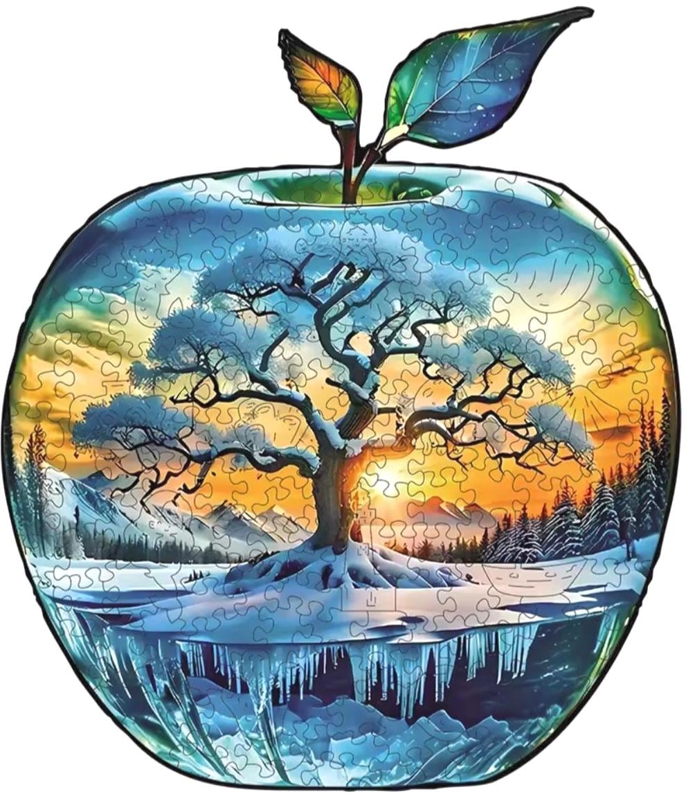 Wood Jigsaw Christmas Puzzle, Apple Shape, Unique shaped pieces, 5mm Extra Thick, Holiday or Snow Season Party Fun, Preserve as Wall Decor