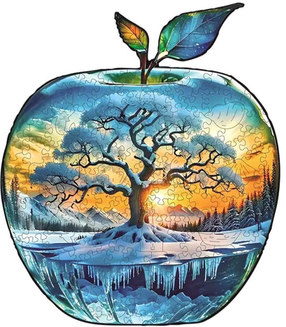 Wood Jigsaw Christmas Puzzle, Apple Shape, Unique shaped pieces, 5mm Extra Thick, Holiday or Snow Season Party Fun, Preserve as Wall Decor