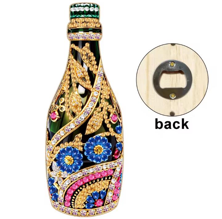 Diamond Paint a Bottle Opener, Carved Wooden Champagne Shape, Magnet attached, Crystal Mosaic Kit, Bling Kitchen Decor, Fun Bright Day