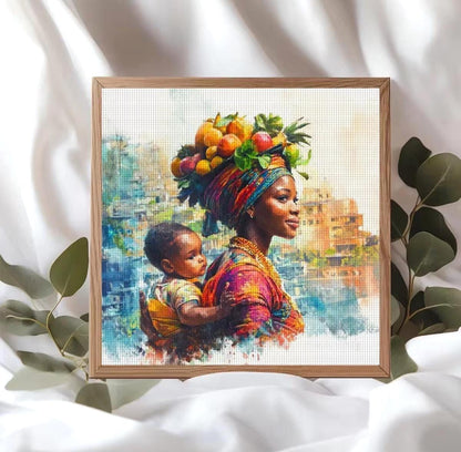 DIY Printed Cross Stitch Kit, Mother and Child DIY Embroidery, 11 or 14 CT, African, Caribbean, Black Women, Latin, Arab, 40x40, Beginners