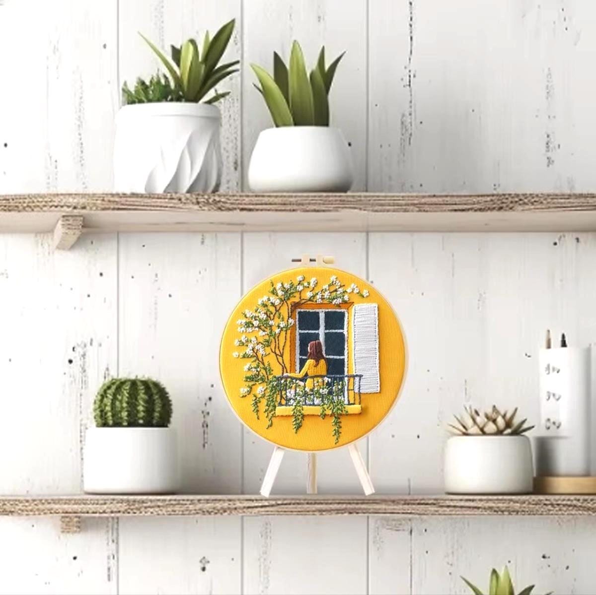 Embroidery DIY, Starter Kit, Yellow Glory, Printed Cross Stitch Beginners, Cotton Thread, Bamboo Hoop, DIY Decor or Gift