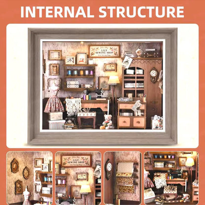 3D Mini Replica Sew Shop, DIY Kit, Book Nook or Wall Art, USB Lights, Wooden Diaorama Tailor Shop, Adult or Teen, Gift Love of Fabric Arts