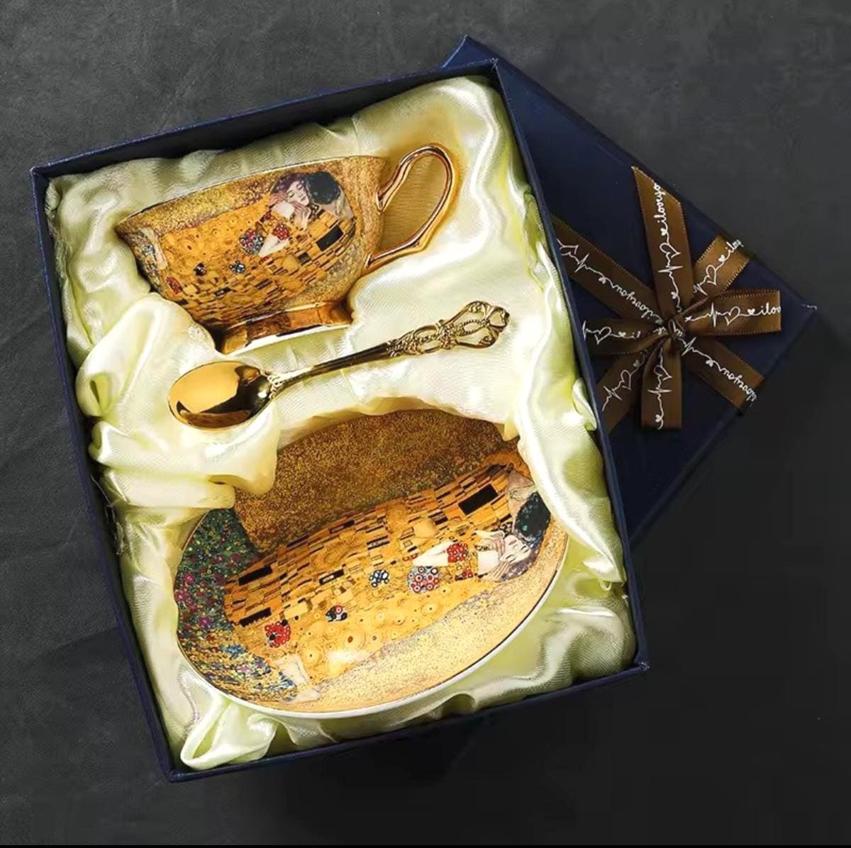 Juego de té de porcelana fina, la obra maestra El beso de Klimt, té y arte, artículos de fiesta de porcelana fina, taza, platillo, cuchara, caja de regalo, vajilla dorada