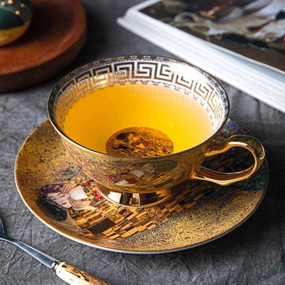 Juego de té de porcelana fina, la obra maestra El beso de Klimt, té y arte, artículos de fiesta de porcelana fina, taza, platillo, cuchara, caja de regalo, vajilla dorada